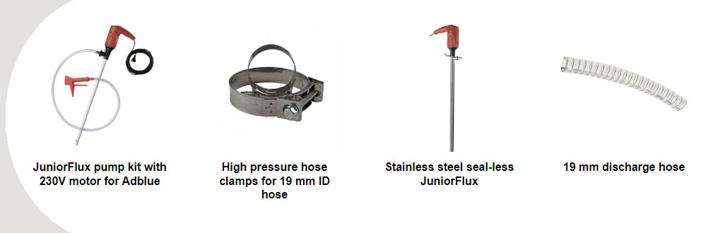 JuniorFlux pump kit image, with high pressure hose, stainless steel seal-less drum pump and hose