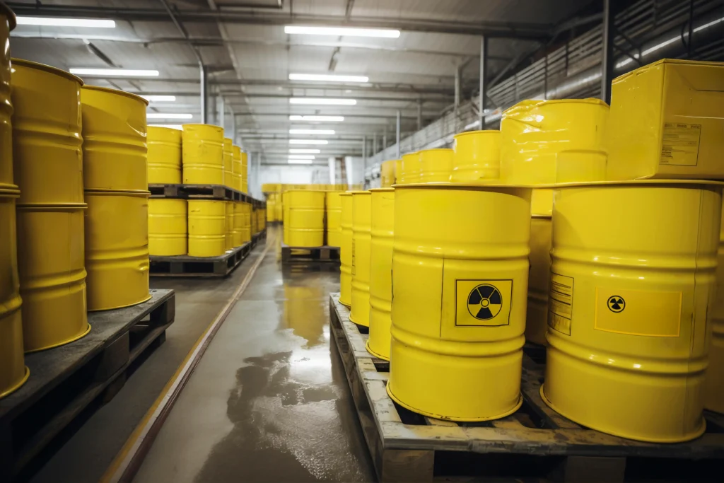 Toxic yellow barrels in warehouse